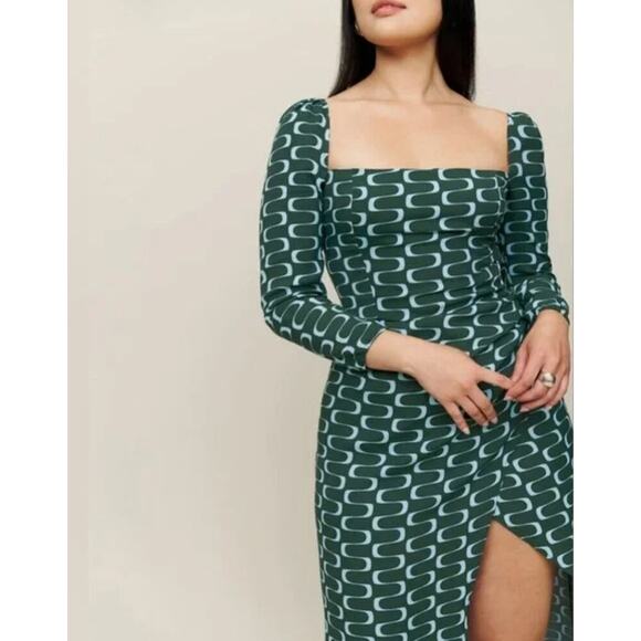 Reformation Hilda Midi Dress Venture Print Green Blue Retro Square Neck US 4 - Picture 9 of 9